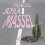Das Plakat des Stücks „Tacheles-Schlamassel“: Ein Kaktus mit einer rosa Blüte, der aus einem Schlagloch in der Straße herauswächst. Im Hintergrund der Titel des Stücks.